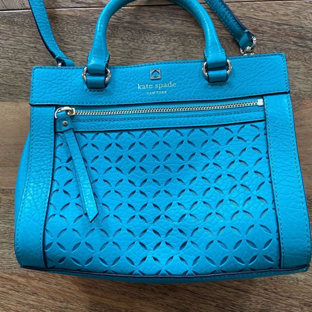 kate spade Turquoise Blue Laser-Cut Leather Crossbody Satchel - Picture 9 of 10
